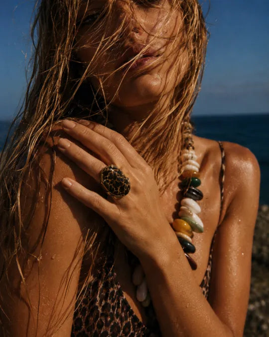 Bague Jaspe Océan — Motif Léopard Doré
